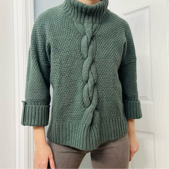 Talbots Sweater Chunky Green Turtleneck Wool Alpaca Knit Fall Size Medium Petite - Picture 1 of 7